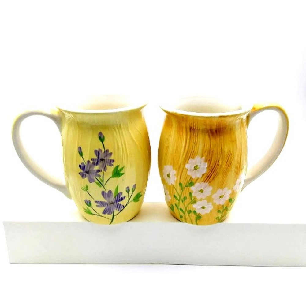 MUGS*FINE STONEWARE*HAND PAINTED FLORALS*SET OF TWO